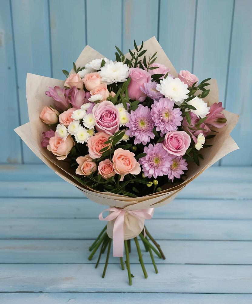 Букет цветов из: Хризантемы, Розы и Альстромерии в Шиханах