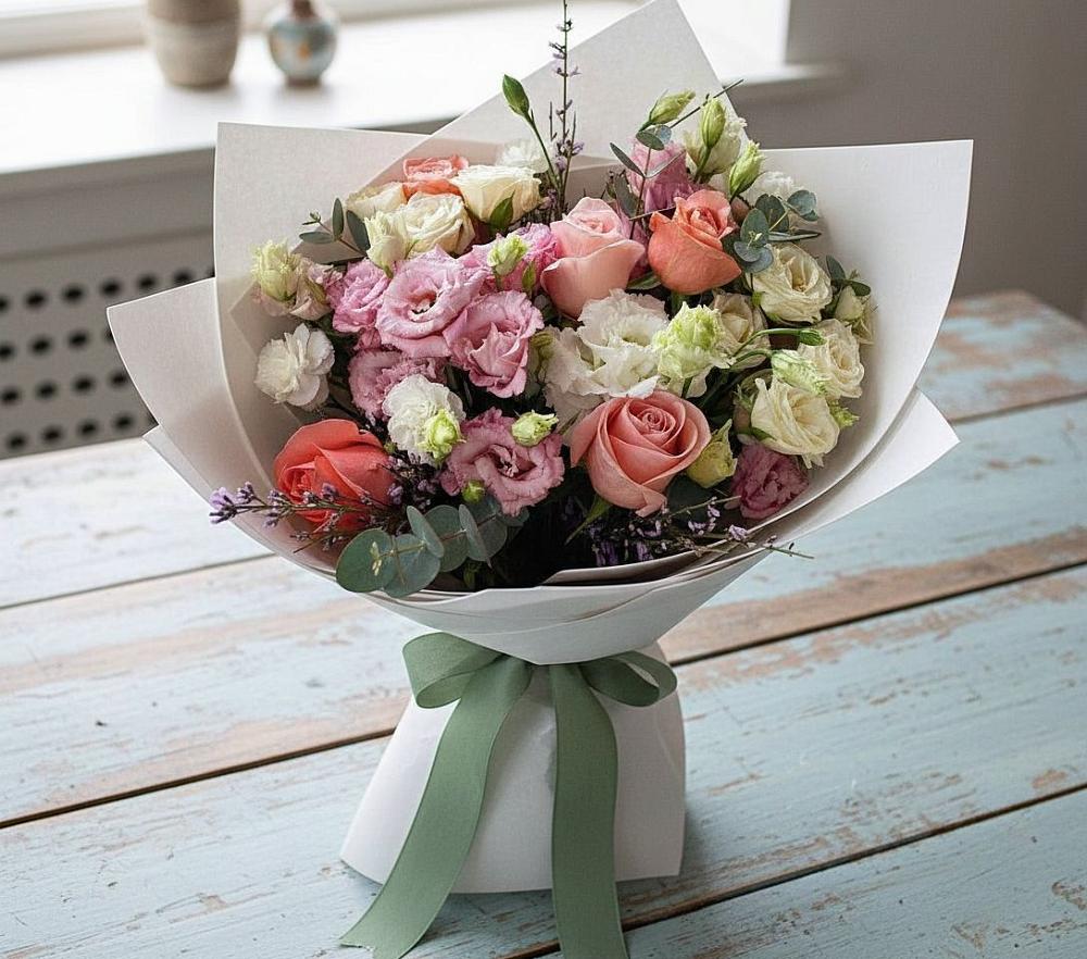 Букет цветов из: Розы, Лизиантусы и Гвоздики в Шиханах