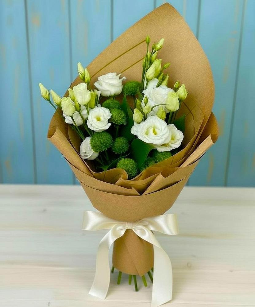 Букет цветов из: Хризантемы и Лизиантусы в Шиханах