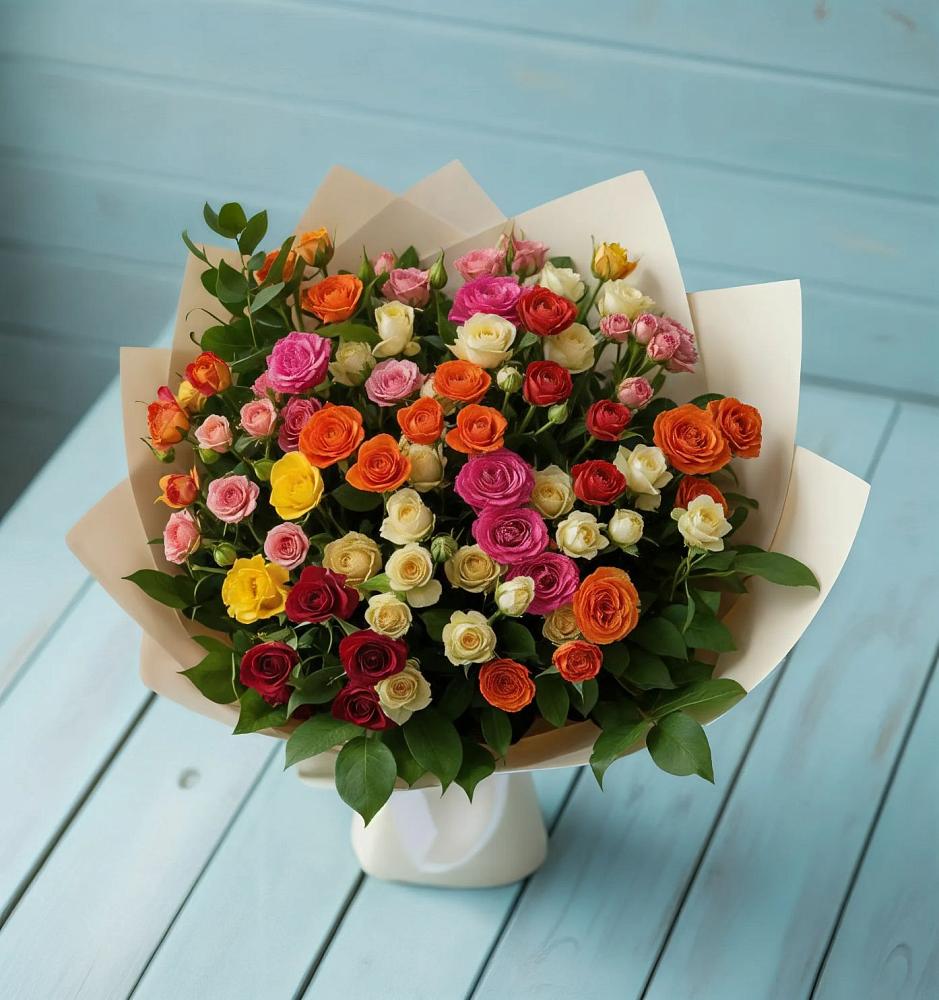 Букет Микс из разноцветных кустовых роз в Шиханах