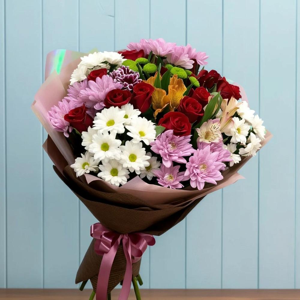 Букет цветов из: Розы, Хризантемы и Альстромерии в Шиханах